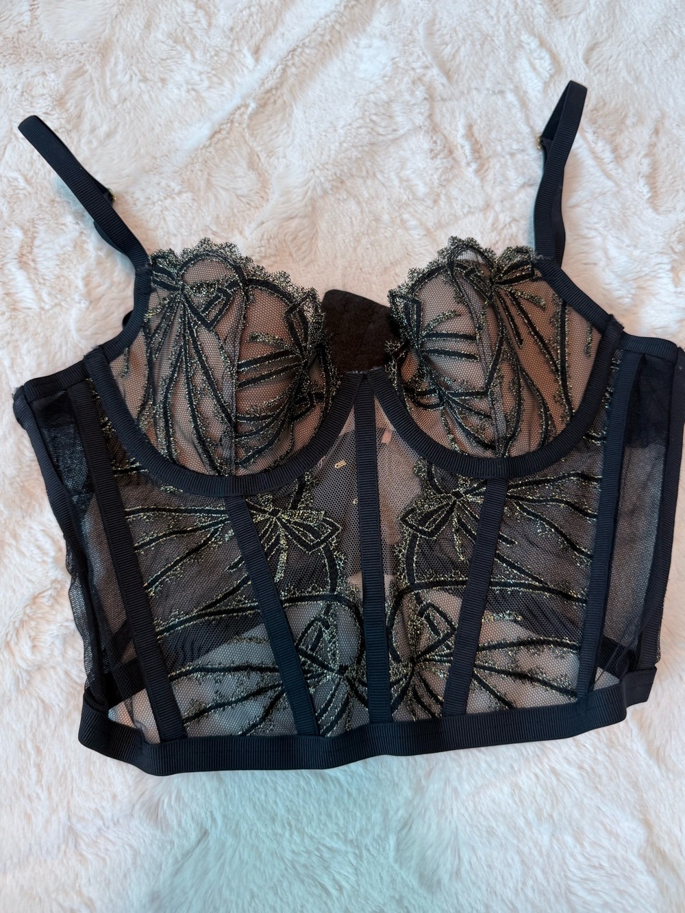 Victoria Secret Sheer Embroidered Longline Bustier Bra -  Gold Detail